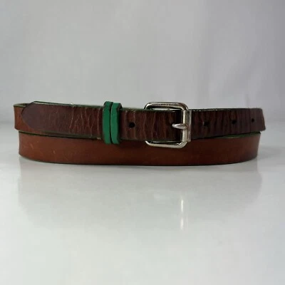 Lands' End Slim Brown Leather Belt - Green Edge & Loop - Women's Size 36 - Image 1 of 4