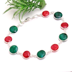 Xmas Special Handmade Faceted Ruby Emerald bracelet 925 silver jewelry 8" - Picture 1 of 2