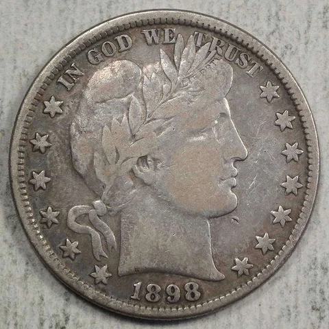 1898 Barber Half Dollar, Fine, Discounted Early Type Coin    0802-16 Cover