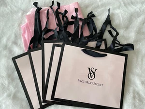 5X Victoria's Secret SMALL Paper Shopping Gift Bags Pink Black Trim w/Tissues