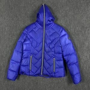 Guess Womens Large Full Zip Down Fill Quilted Puffer Jacket Blue Pockets Logo - Picture 1 of 22