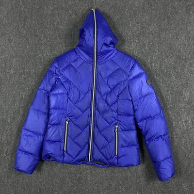 Guess Womens Large Full Zip Down Fill Quilted Puffer Jacket Blue Pockets Logo - Image 1 of 4