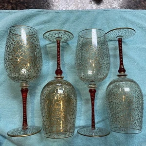 Pier 1 Ruby Red Gold  Filigree Water Goblets Set Of 4 - Picture 1 of 6