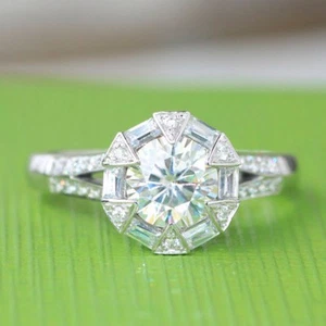 2.16ct Halo White Round Diamond Lab Created Engagement 925 Sterling Silver Ring - Picture 1 of 5