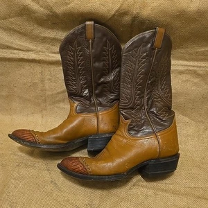 Vintage Tony Lama Two-Tone Brown Cowboy Boot Mens 10 B Lizard Toe Style 6243 - Picture 1 of 23