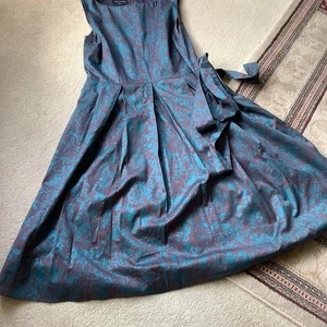 Laura Ashley Turquoise And Brown Fit And Flare Dress Size 16 Belted Cotton - Picture 1 of 5