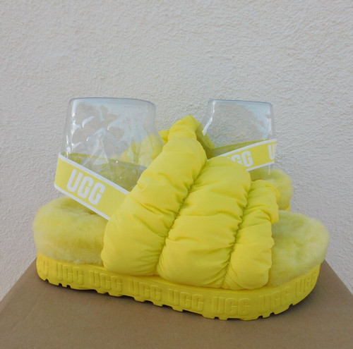 SANDALI CON PLATEAU UGG SUNNY YELLOW SCRUNCHITA PELLE DI PECORA LANUGINE US 8 EUR 39 ~NUOVI