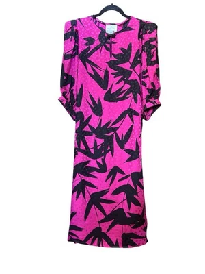 Vestido Flora Kung Vintage Anos 80 100% Seda Tamanho 8 M HotPink Fushia Preto Estampa Floral Folha - Imagem 1 de 4