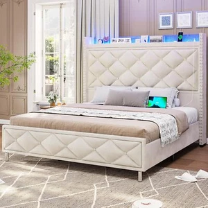 King Size Bed Fame w/Tall Storage Headboard LED Upholstered Platform Bed Beige - Picture 1 of 7