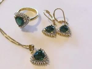 Simulated Emerald Necklace Ring Earrings 10K Gold Plated Sterling Diamond Set 4 - Picture 1 of 17