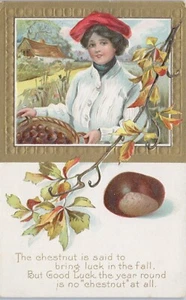 Vintage Postcard Pretty Woman With Good Luck Chestnut Poem Harvest Fall 1910 - Picture 1 of 3