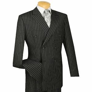 VINCI Men's Black Pinstripe Double Breasted 6 Button Classic Fit Suit NEW