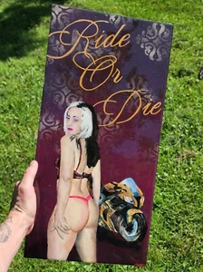 Original Acrylic Painting on Wood – 10x20 Motorcycle Babe with Epoxy Finish - Picture 1 of 3