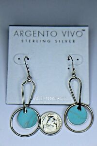 ARGENTO VIVO STERLING W/TURQUOISE INLAY DANGLE MODERNIST EARRINGS 2 1/4" NEW 