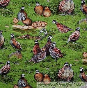 BonEful FABRIC FQ Cotton Quilt Green Grass Thanksgiving Pheasant Bird Hunt Farm