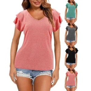 2025 V Neck Women Ruffle T Shirt Tops Casual Loose Blouse Short Sleeve Shirt - Picture 1 of 16