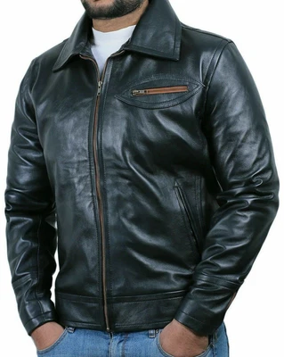 Chaqueta de cuero de piel de cordero negra para hombre 100 % cuero napa suave moto motociclista chaqueta Foto 1 de 4