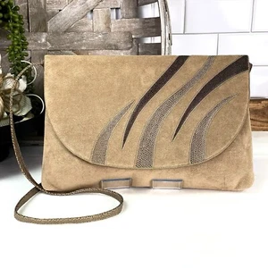 Vintage 80s REVA Ultra Suede Tan Shoulder Bag Snakeskin Trim Envelope Purse - Picture 1 of 13