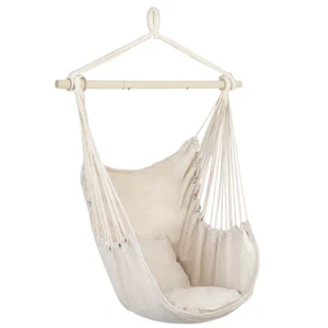 New Distinctive Cotton Canvas Hanging Rope Chair with Pillows Beige - Picture 1 of 21