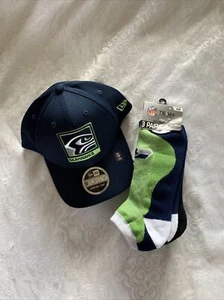 New! Seattle Seahawks 3 Pairs Socks And Adjustable SnapBack Hat - Picture 1 of 18