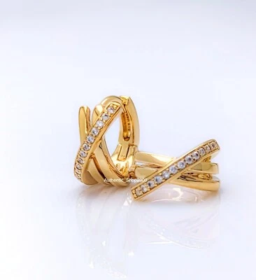 New 100% Authentic PANDORA Gold P Crossover Pavé Hoop Earrings 263150C01 - Image 1 of 4