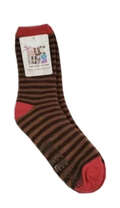 Muk Luks Cozy Lined Socks Womens One Size Thick Warm Brown Stripe Silicone Grip - Picture 1 of 3