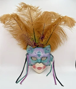 Vintage 1990's Clay Art Purple Blue Ostrich Feathered Cat Wall Mask - Picture 1 of 12