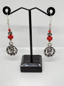 Silver Tone Love Skull Earrings With Red Crystal Beads - Goth Jewellery Gift - Picture 1 of 3