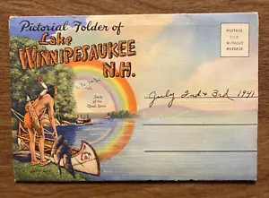 Cartella cartolina anni '40 Lake Winnipesaukee New Hampshire NH nativi americani A9 - Foto 1 di 12