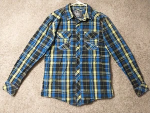 BKE Athletic Fit Button Up Snap Shirt Medium Plaid Long Sleeve Blue Black Cotton - Picture 1 of 14