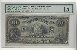 1924 Bank of Nova Scotia $10 Note Cam/Mcl Cat#18-18 SN# 2294627 PMG F-15 - Picture 1 of 2