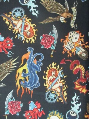 TATTOO SKULL INK ROSE HARLEY BLUE MOTORCYCLE BLACK DIGITAL COTTON FABRIC FQ - Image 1 of 4