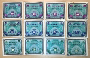 12 x 1944 Francia 2,5 e 10 Franchi Alleati Militare Emissione Emergenza. 12 banconote - Foto 1 di 2