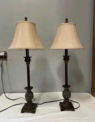 Pair of 32" Painted Candlestick Lamps Pineapple Globe Base Bell Shades - Image 1 of 4