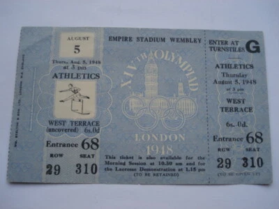 SCARCE AUG 5TH XIV OLYMPIAD LONDON 1948 ATHLETICS WEST TERRACE UNUSED TICKET - Image 1 of 2