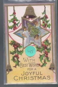 Tarjeta postal de Navidad alegre de 1912 ángeles enmarcados en dorado, campanas, acebo, árbol #45 - Imagen 1 de 2