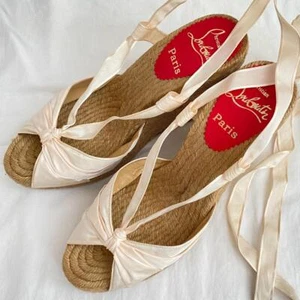 Christian Louboutin Espadrille Sandals Ribbon Accents White Wedge Heel EU38 US8 - Picture 1 of 8