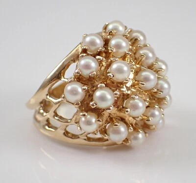 Anillo de compromiso vintage de perlas blancas genuinas de corte redondo de 3 quilates enchapado en oro amarillo de 14 quilates Foto 1 de 4