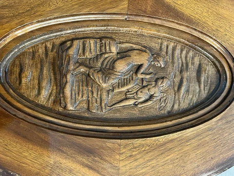 Antique Glass Top Tray Coffee Table with Carved Angels and Bibical Picture Cover
