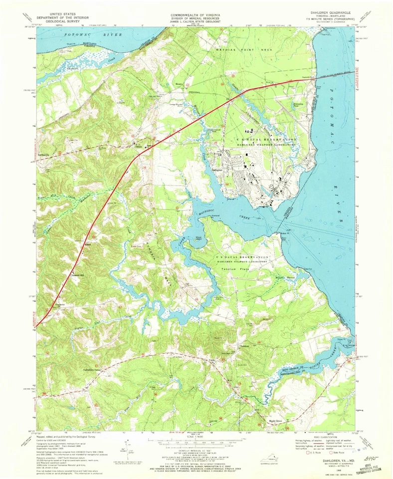 Dahlgren, VA - 1968 Historical Vintage Map Print, Virginia Cartography Art - Image 1 of 1