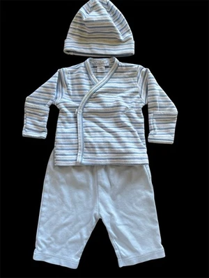 Kissy Kissy EUC Blue/Grey Stripe Pima Cotton Kimono Top, Pants & Hat-Newborn - Image 1 of 4