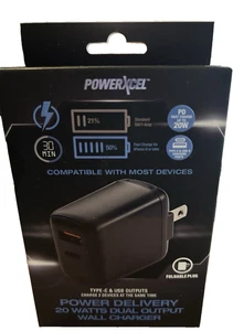 Powerxcel 20 Watts Dual Output Wall Charger Type-C & USB Outputs Black - Picture 1 of 6