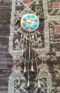 Huge VTG Brass & Turquoise Stone Taxco Brooch Pin Modernist Sun Signed MARY MCM - Picture 1 of 24