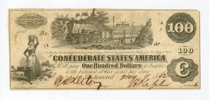 1862 T-39 $100 The Confederate States of America Note - CIVIL WAR Era w/ TRAIN - Picture 1 of 2
