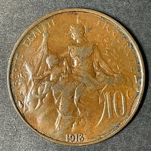 1913 FRANCIA 10 Centesimi Terza Repubblica Libertà Bambino Frigio Bronzo Moneta Estera - Foto 1 di 3
