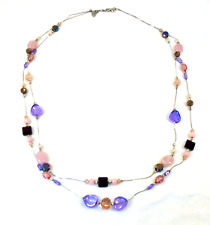 Pink Purple Iridescent Facet Glass Beads 2-Strand Silvertone Chain Necklace 37"
