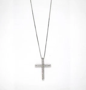 Collana Girocollo in Oro Bianco 18k con Croce e Diamanti Taglio Brillante - Picture 1 of 2