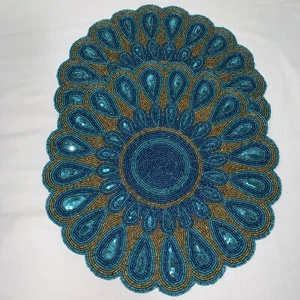 WORLD TRAVELER India - Beaded TEAL and GOLD 15" Placemats Chargers Lot of 2 NEW - Picture 1 of 14