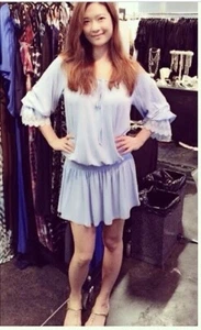 VAVA by Joy Han Drop Waist Dress Tie Front Gathered Sleeves Blue NWT $107 XS - Picture 1 of 12