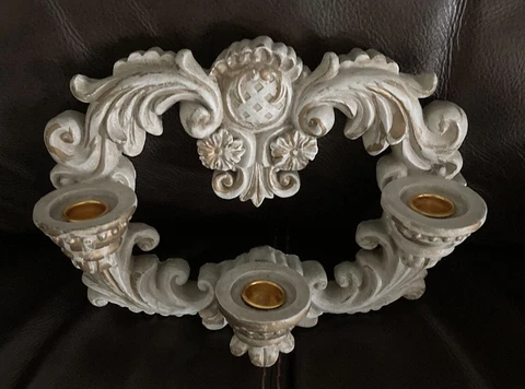 Vintage~Carved Wood Look~Wall Sconce~Ornate~Hollywood Regency~3 Candle~@10”wide Cover